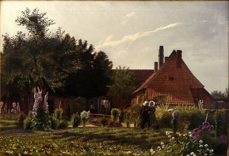 Pintura a óleo de Kristian Zahrtmann que retrata um jardim com flores, uma criança e uma mulher idosa.