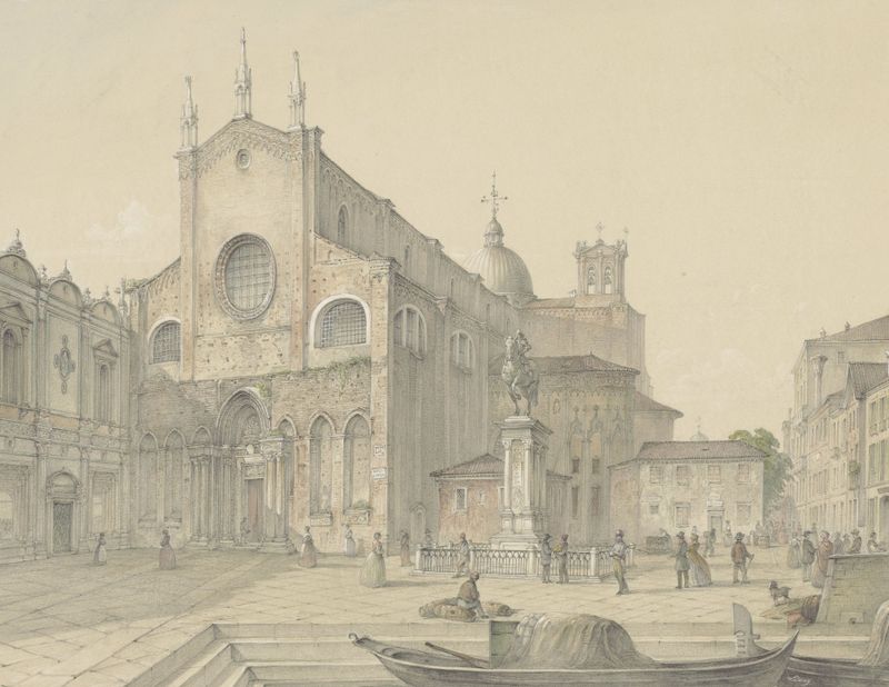 Venetië; S. Giovanni & Paolo by Karoly Lajos Libay, oil painting depicting a Venetian landscape with shimmering water.