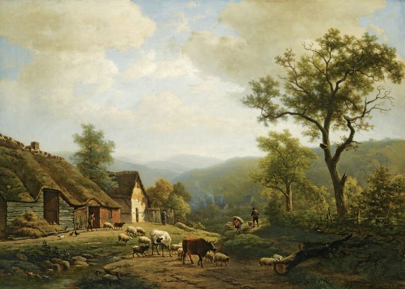 A hilly landscape with cattle going to the fields, oil painting by Eugène Joseph Verboeckhoven