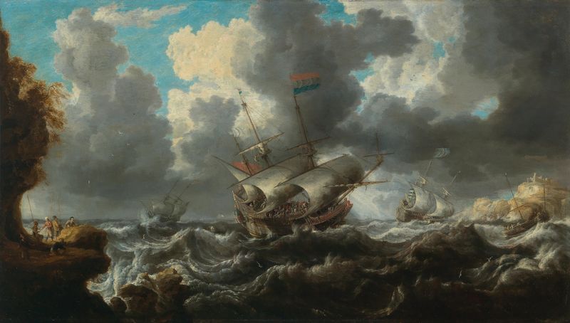 A man o’war en mares agitados con soldados en un saliente cercano, óleo sobre lienzo de Bonaventura Peeters el Viejo