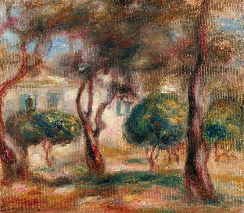 Le Jardin Des Collettes de Pierre-Auguste Renoir, óleo sobre tela que retrata um jardim vibrante com flores