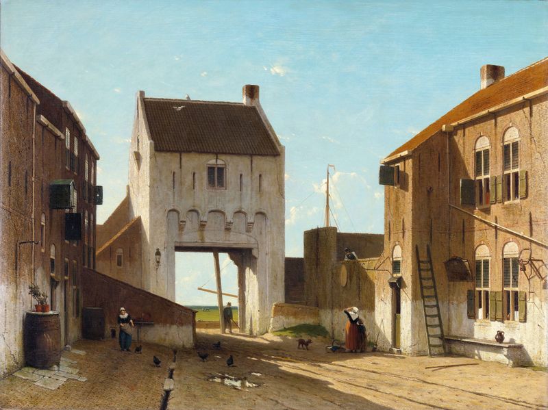 Oil painting by Jan Weissenbruch depicting a town gate in Leerdam at sunset.