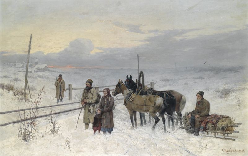 Warten auf den Zug de Franz Roubaud, óleo sobre tela retratando viajantes cansados ao pôr do sol.