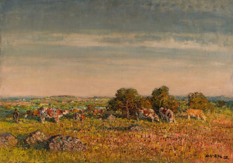 Landscape with Cows, pintura al óleo de Stanislav Lolek que muestra colinas y vacas.