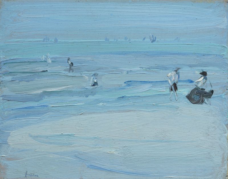 Paris Plage de Samuel John Peploe, pintura al óleo que representa una animada escena de playa con colores vibrantes.