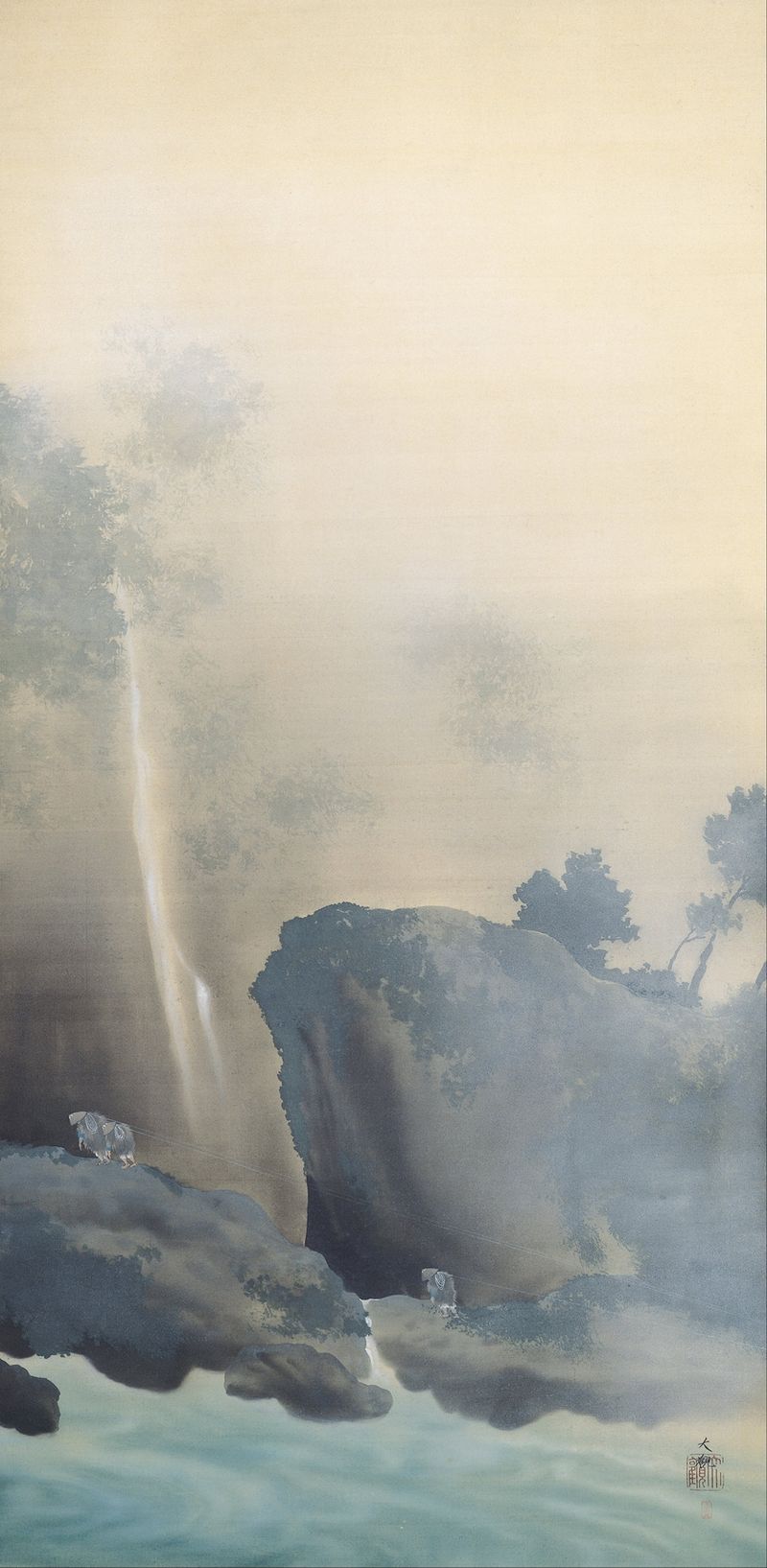 Marine scene with a weathered boat on waves, ink on silk by Yokoyama Taikan