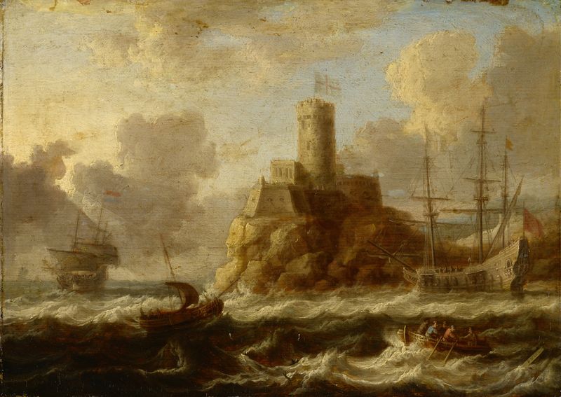 Coastal fortress with stormy sea, oil on canvas by Peter van de Velde