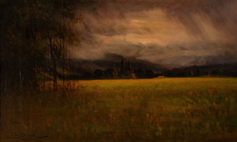 Paisagem de colinas suaves sob nuvens atenuadas de James Everett Stuart, óleo sobre tela