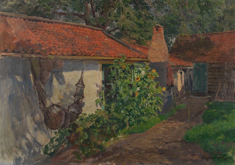 Fischerkate de Friedrich Kallmorgen, pintura a óleo de uma cabana de pescador ao crepúsculo