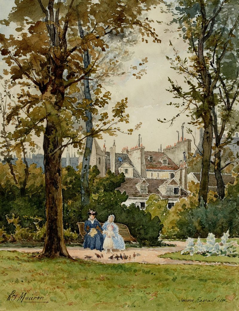Square Raspail by Henri Laurent Mouren, oil on canvas depicting a landscape with trees and shadows.