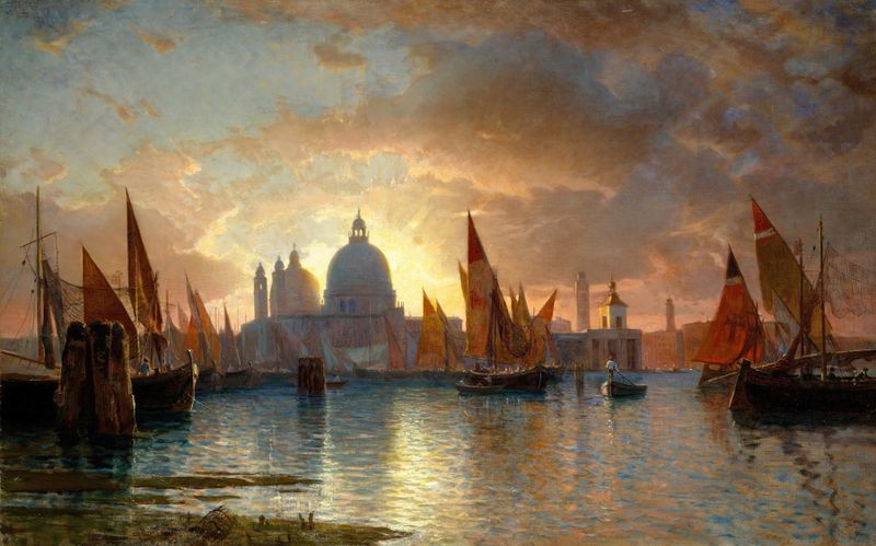 Santa Maria della Salute, Sunset by William Stanley Haseltine, oil on canvas depicting a sunset over a basilica.
