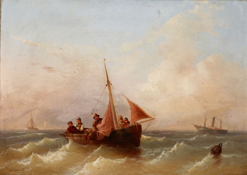 Seascape de Eduard Schmidt, pintura al óleo que muestra olas oceánicas azules y una puesta de sol.