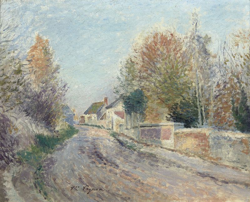 L’orée du village de Victor Vignon, óleo sobre tela que retrata uma aldeia tranquila cercada de vegetação.