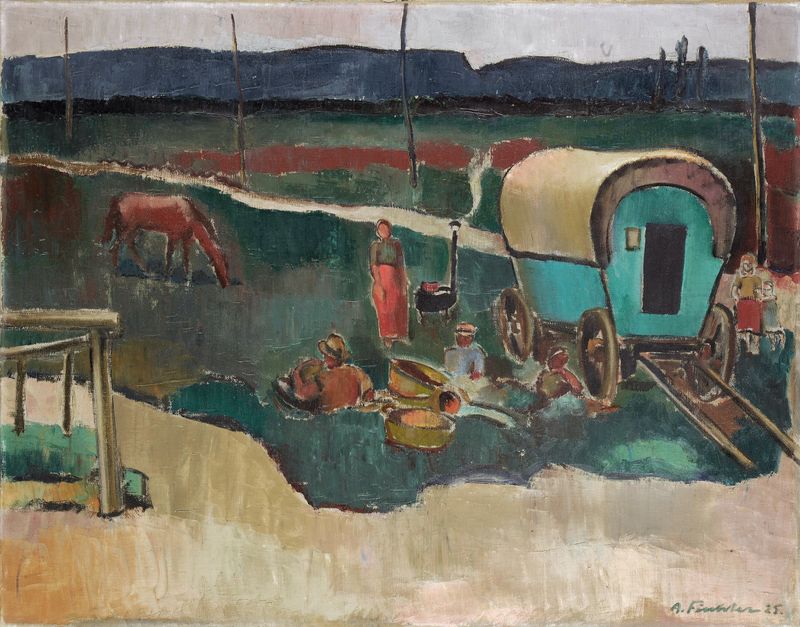 Gypsy Camp In Alsace by Arnold Fiechter, oil on canvas depicting a gathering around a fire.