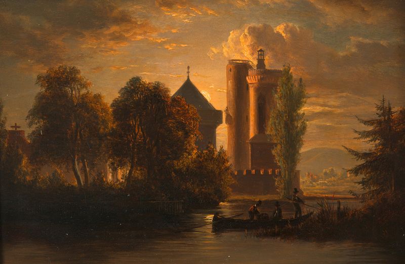 Paisagem de romantismo retratando colinas sob a luz da lua por artista desconhecido