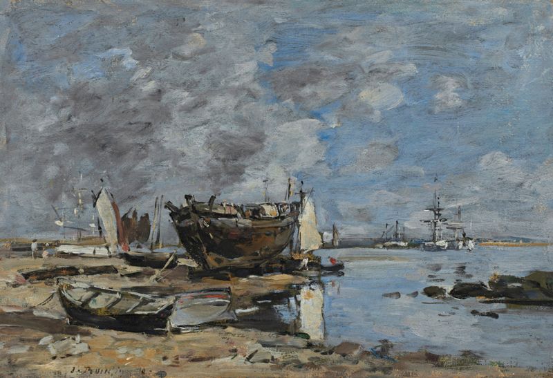 Cena marinha com barcos na água, pintura a óleo de Eugène Boudin