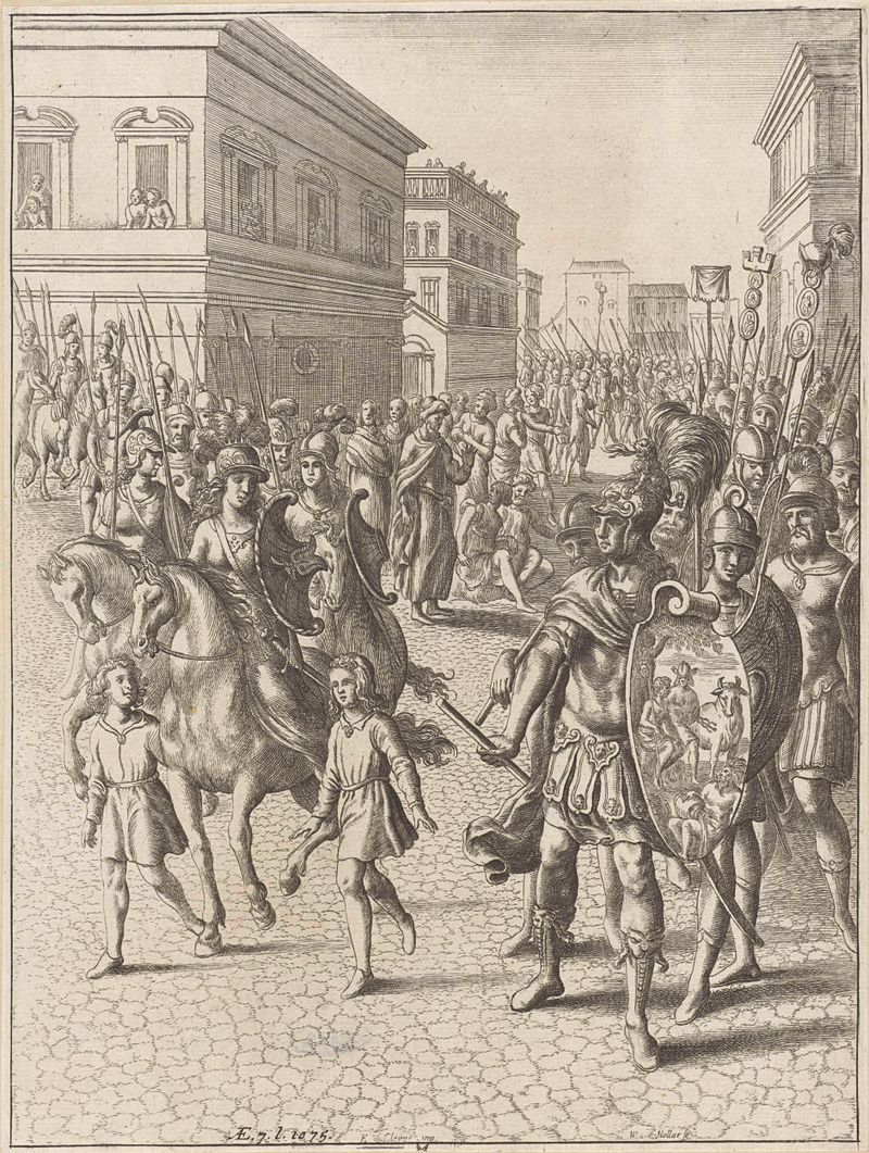 Gravura de Wenceslaus Hollar mostrando Turnus e Camilla em um encontro mitológico.