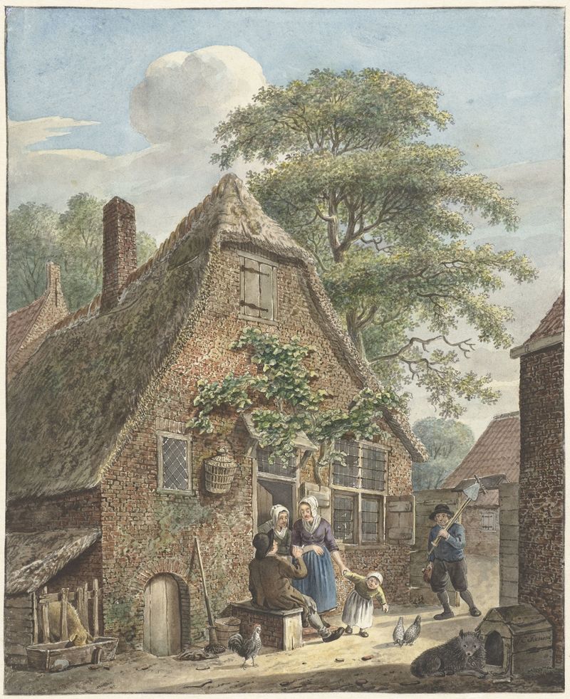 Gezin voor een boerenwoning by Johannes Christiaan Janson, depicting a family outside a farmhouse in an unknown medium.