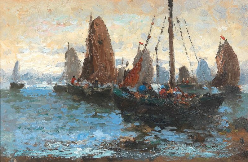 Seascape with Many Sailing Boats de Adolf Kaufmann, pintura al óleo que muestra barcos en un océano azul