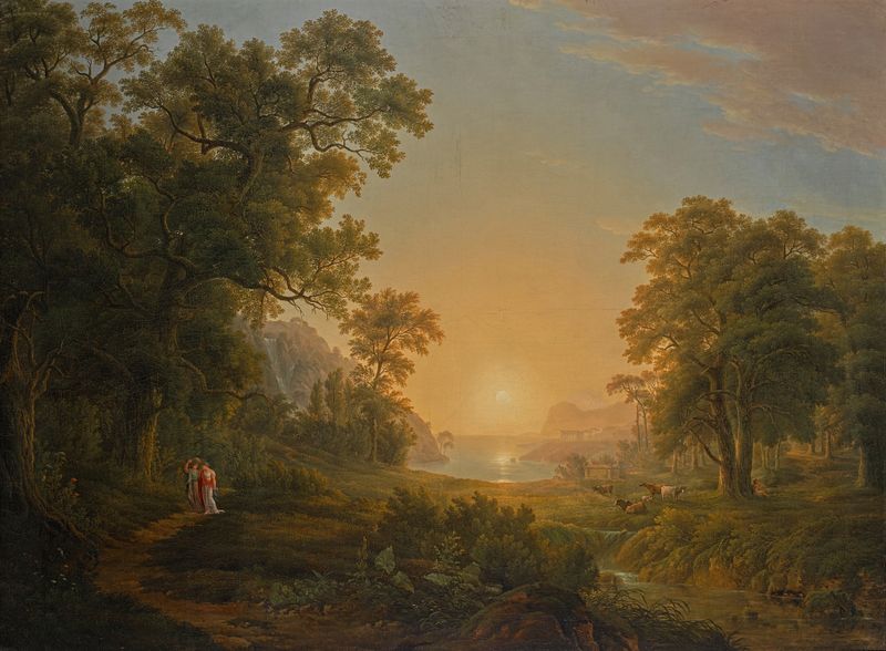 Waldlandschaft mit Sonnenaufgang by Joseph Rebell, oil painting depicting a sunrise over a forest
