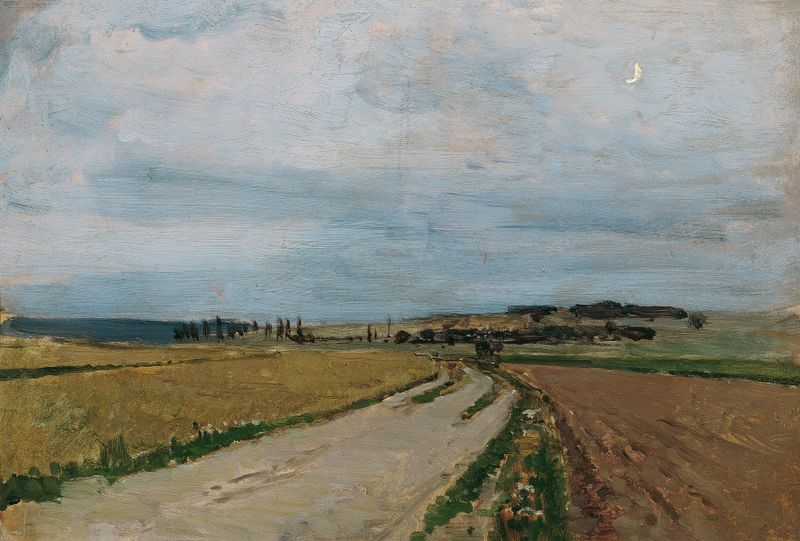 Paisagem de céu ao crepúsculo e campo de Carl Moll, pintura a óleo