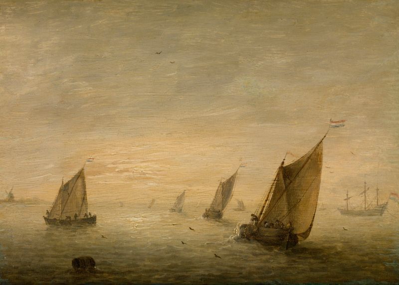 Calm Sea by Simon de Vlieger, oil on canvas depicting a tranquil marine scene with gentle waves and sky.