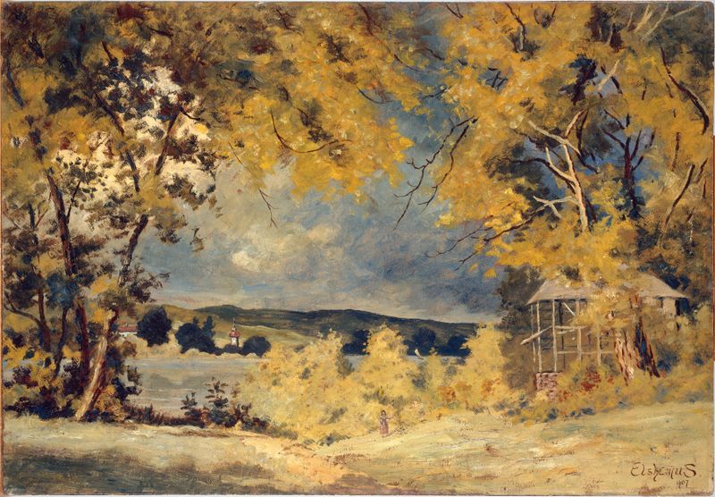 Landscape by Louis Michel Eilshemius, oil on canvas depicting hills and soft light.