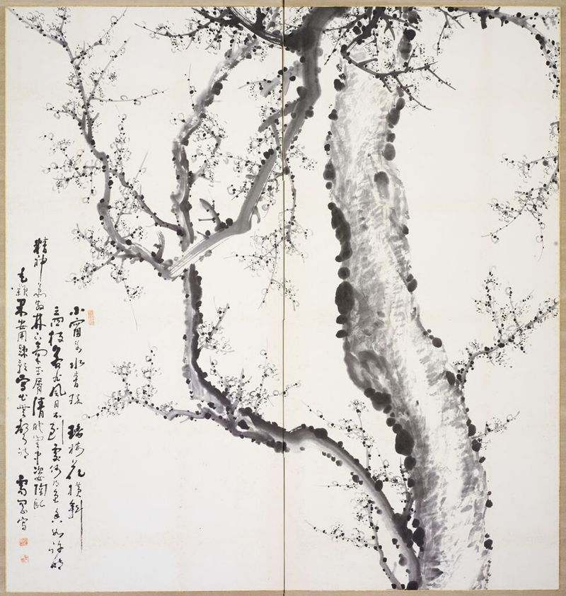Tinta sobre papel de Ko Pong-chae que representa un ciruelo en flor
