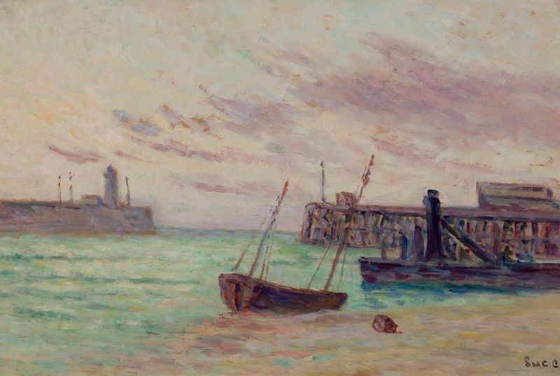 Le Entrée du Port de Maximilien Luce, pintura al óleo que muestra barcos en el agua bajo un cielo azul.