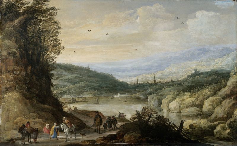 Landscape by Joos de Momper, oil on panel depicting trees against a subdued sky
