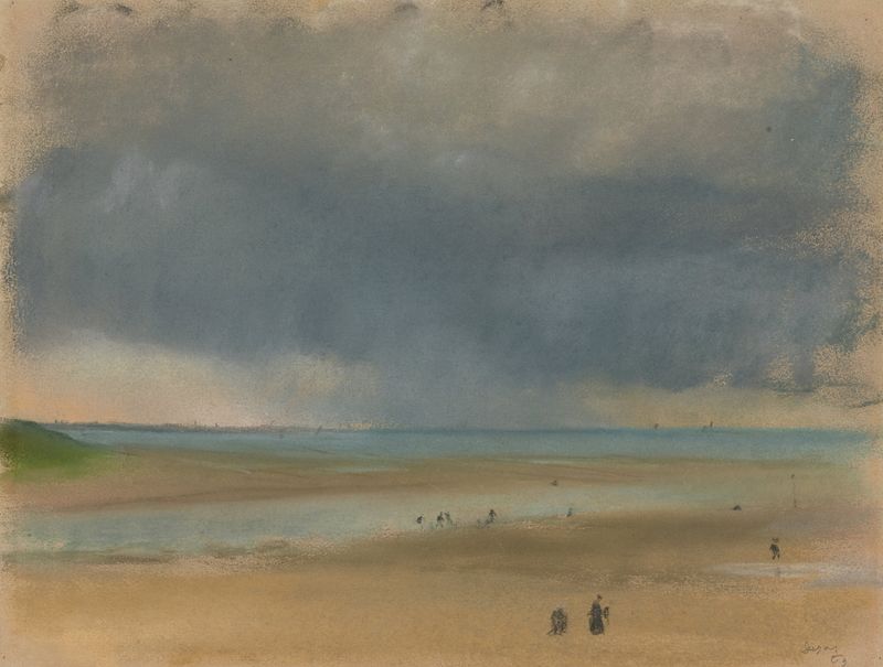 Beside the Sea de Edgar Degas, óleo sobre lienzo, figuras en una playa con suaves olas.
