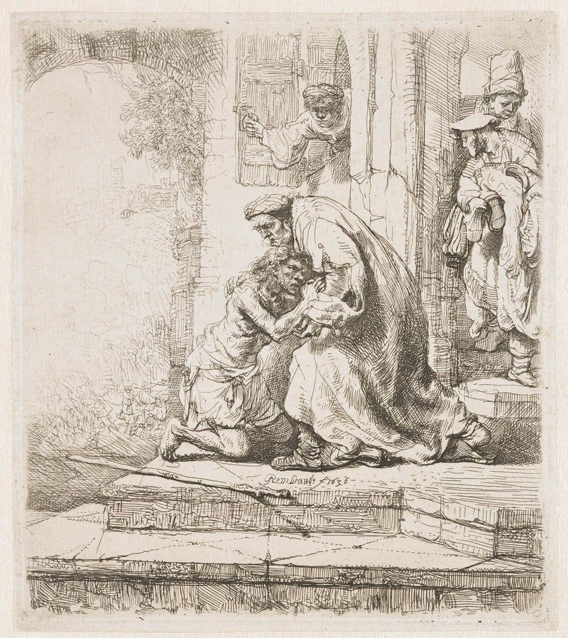 Etching by Rembrandt van Rijn depicting a father and son in an emotional embrace.