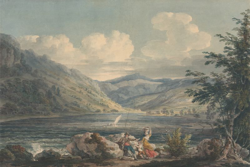 Haweswater, Westmoreland by Edward Dayes, watercolor on paper, tranquil lake and evening sky