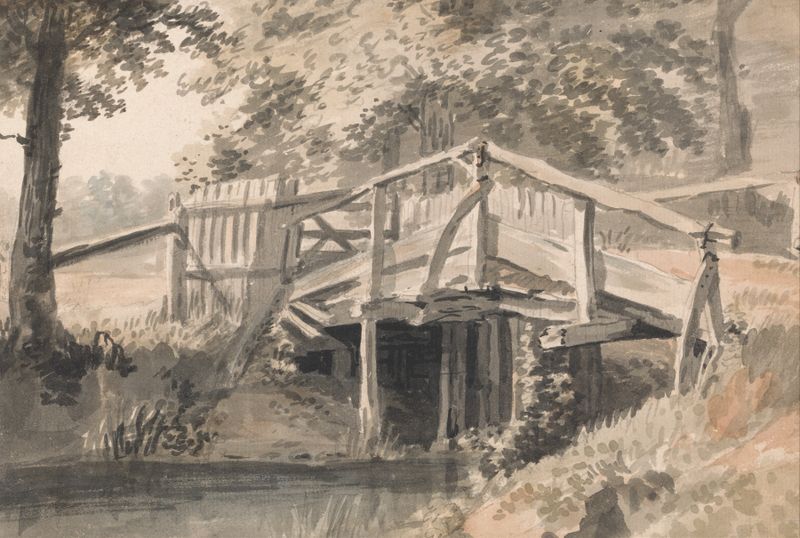 Stream and Wooden Bridge de Paul Sandby, pintura a óleo que retrata uma paisagem serena.