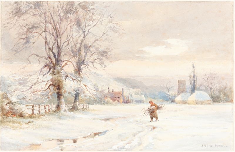 Winter landscape by Joseph Rubens Powell, oil painting depicting snow-covered terrain.