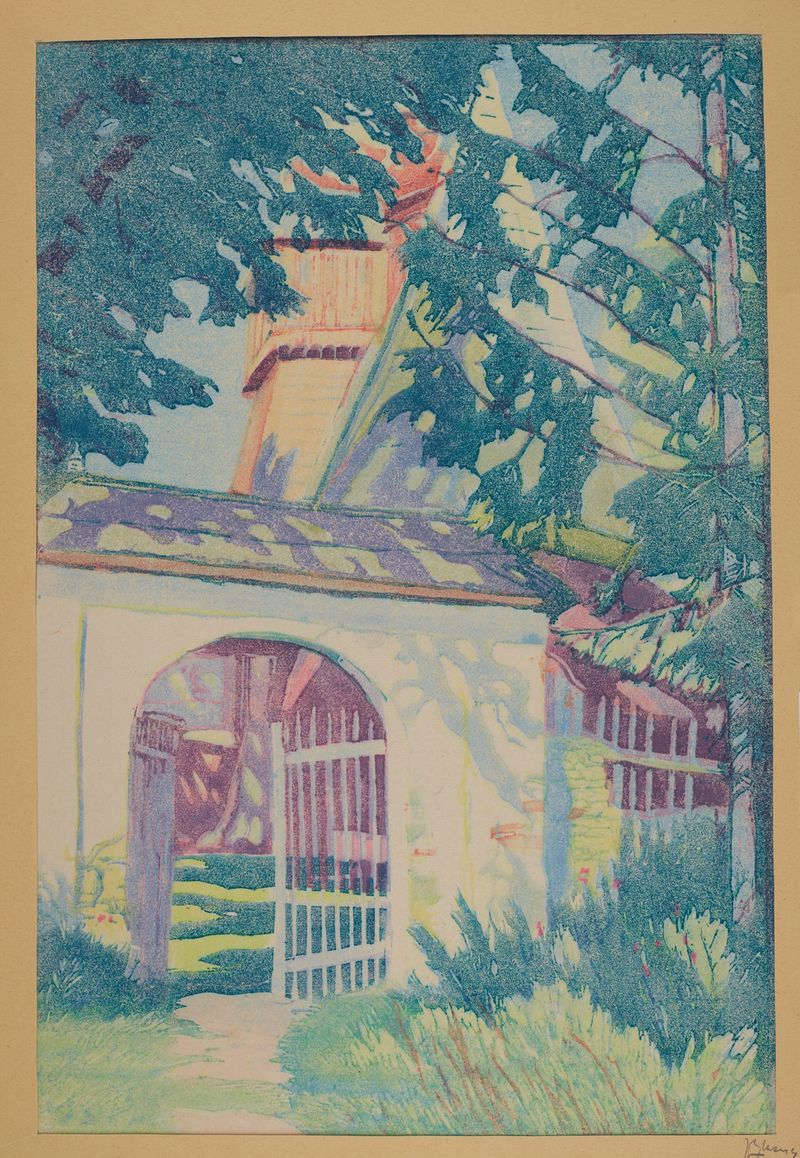 Cemetery Gate by Jakub Glasner, oil painting featuring an iron gate in a graveyard.