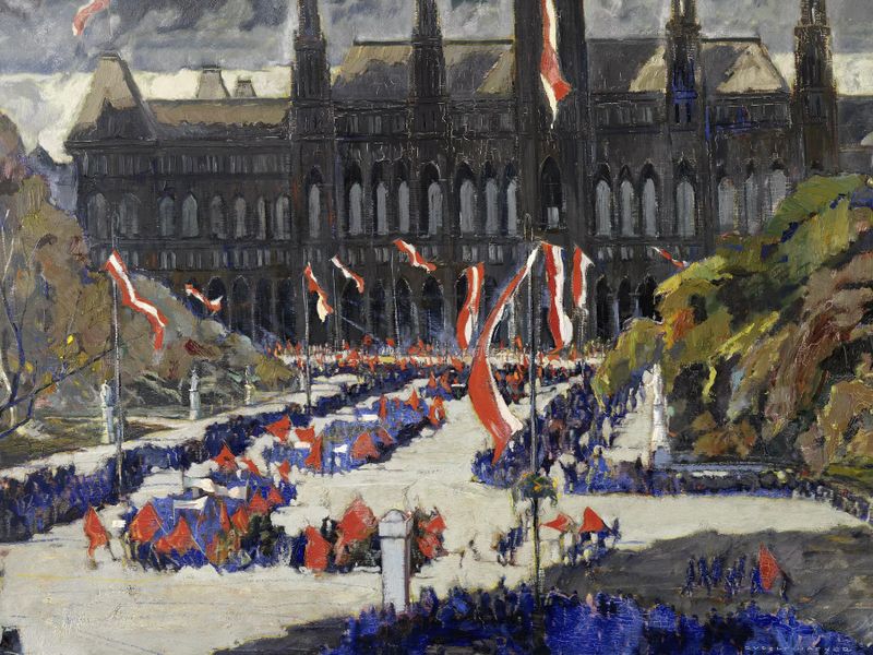 Historical scene depicting a crowd at a town hall celebration, oil painting by Rudolf Hafner