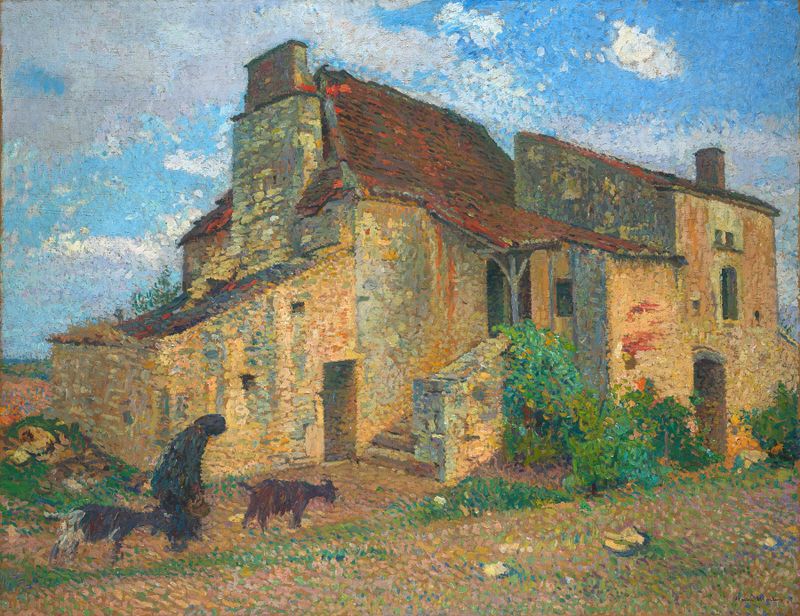 Paysage de campagne de Henri Martin, óleo sobre lienzo que representa campos vibrantes y luz moteada.