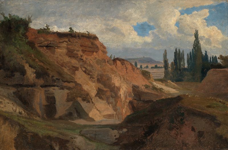 Paisaje de una cantera rocosa con luz dorada de Johann Wilhelm Schirmer, pintura al óleo