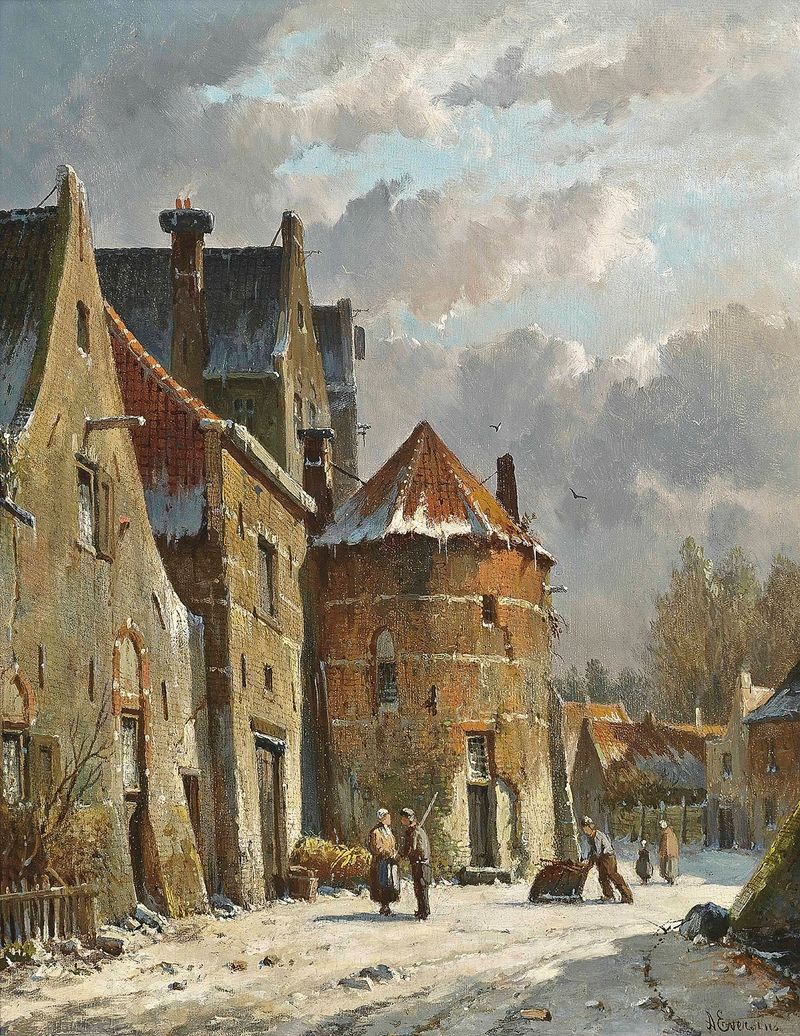 Figures on a Dutch street in winter, oil on canvas by Adrianus Eversen