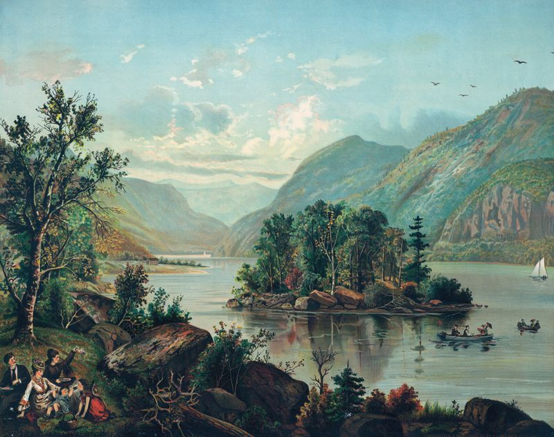 Escena de género que representa un picnic junto al lago con luz solar, por artista desconocido, pintura al óleo