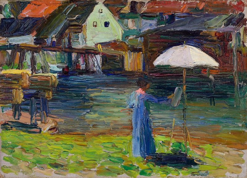 Kallmünz pintura a óleo de Wassily Kandinsky com azuis profundos e cores vibrantes