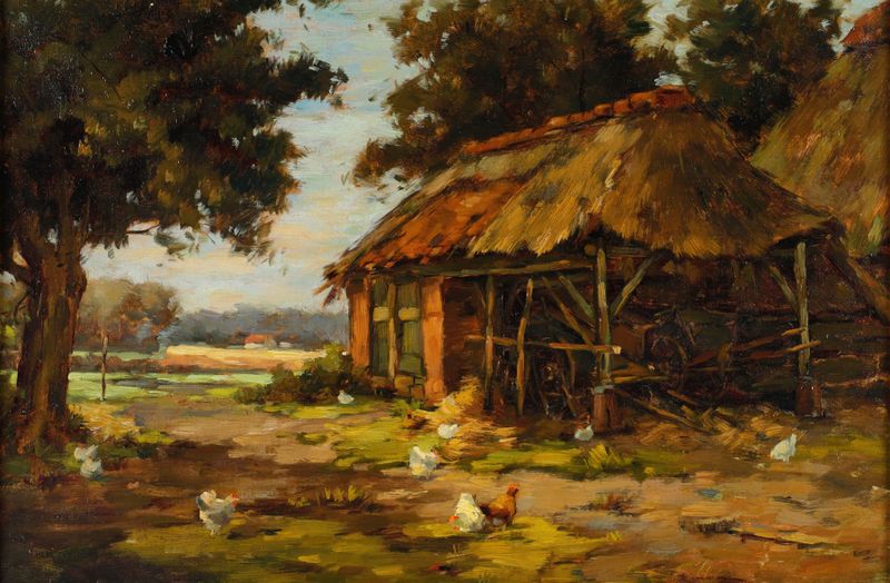 Rooster in a barn, oil painting by Karl Ludwig Prinz