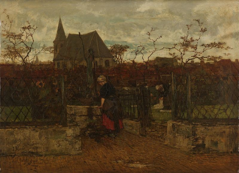 A Bleaching Field de Jacob Maris, óleo sobre lienzo, que representa un paisaje árido con lino blanqueado al sol.