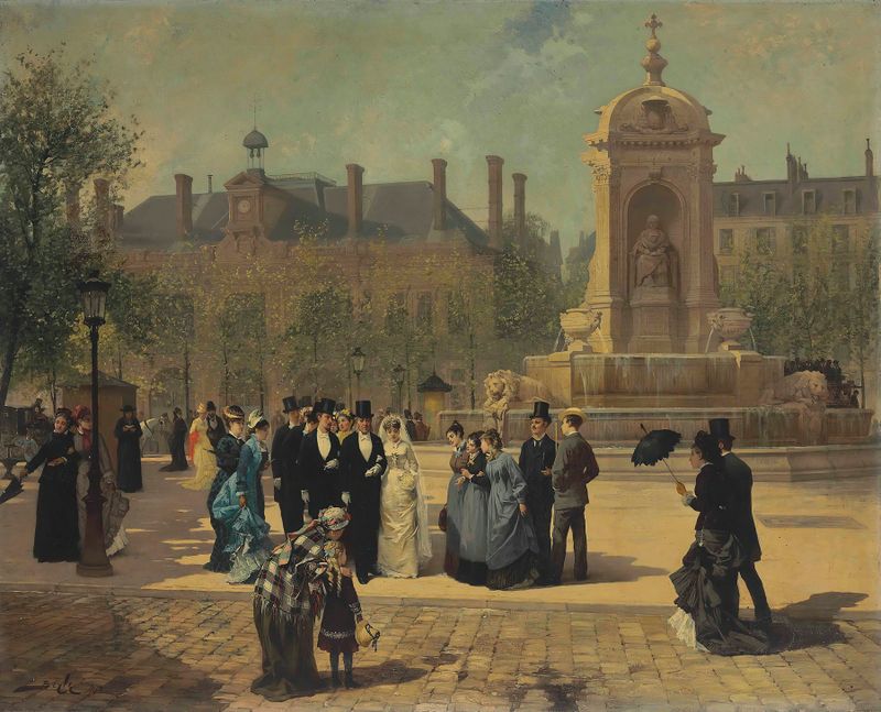 La Procesión de Boda de Pierre-Marie Beyle, óleo sobre lienzo que representa una alegre celebración de boda en un pueblo.