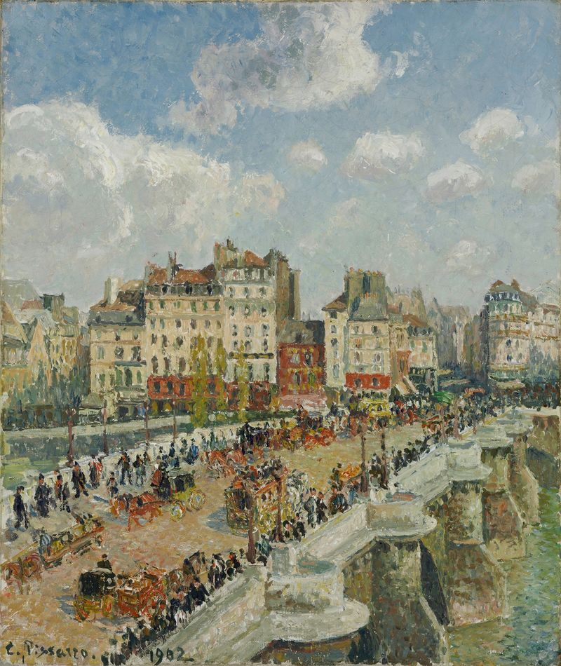 The Pont-Neuf de Camille Pissarro, pintura a óleo que retrata uma cena movimentada de ponte com pedestres