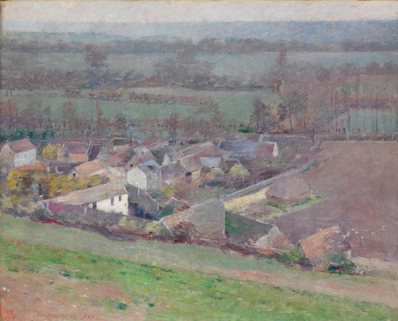 A Bird’s-Eye View by Theodore Robinson, oil on canvas depicting a lush landscape and pastel sky.