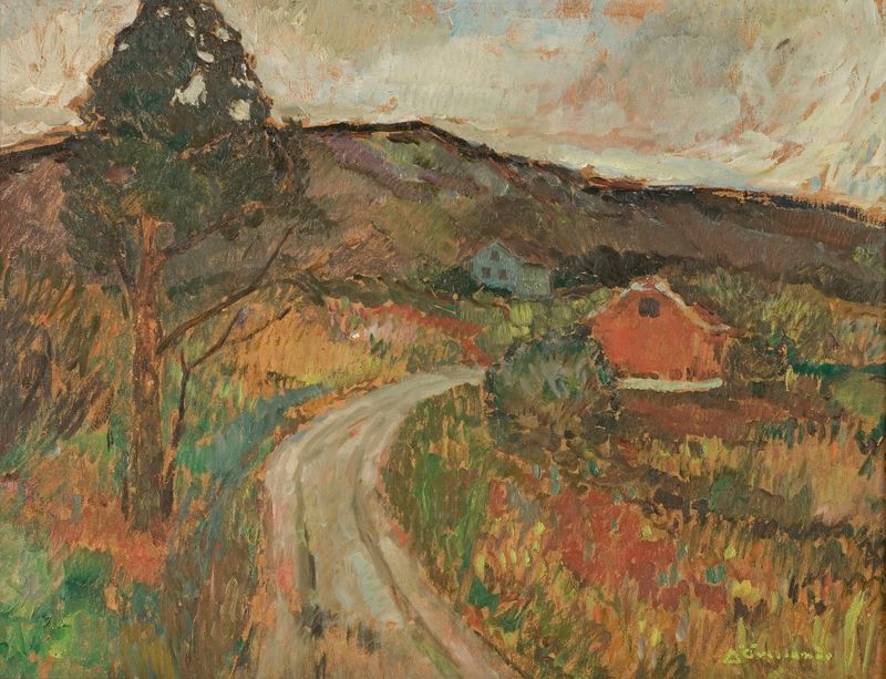 Paisaje expresionista de Arnulf Øverland, con colinas y un cielo oscuro.