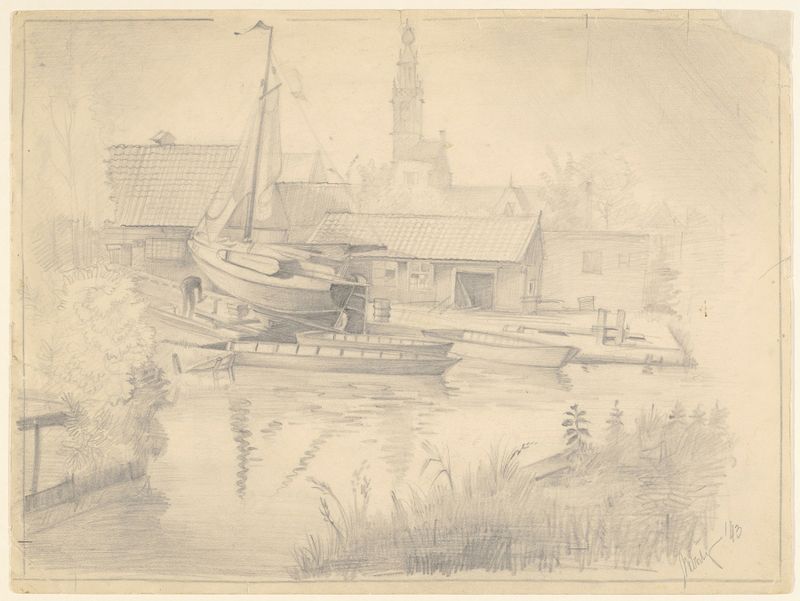 Scheepswerf te Edam de Maarten Oortwijn, realismo, representando um estaleiro com cores suaves e sombras suaves.