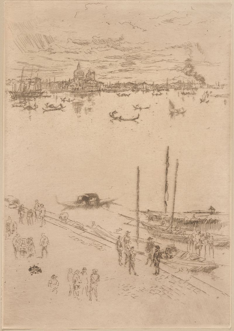 Upright Venice de James Abbott McNeill Whistler, pintura a óleo de uma paisagem veneziana serena.